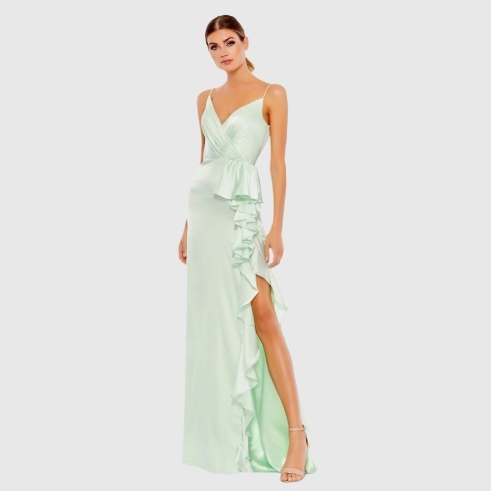 Mac Duggal 67815 Light Green Satin Ruffled Asymmetrical Gown